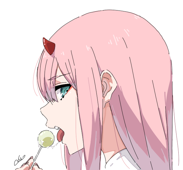 1girl, bangs, candy, darling_in_the_franxx, eyebrows, eyebrows_visible_through_hair, eyeliner, eyeshadow, fingernails, food, green_eyes, hair_between_eyes, hairband, holding, holding_candy, horns, lollipop, long_fingernails, long_hair, looking_at_viewer, makeup, nail_polish, nose, open_mouth, pink_hair, pink_nails, profile, saliva, saliva_trail, sideways_glance, signature, simple_background, solo, tongue, tongue_out, upper_teeth, white_background, white_hairband, xiangxian_(sangheon23), zero_two_(darling_in_the_franxx)