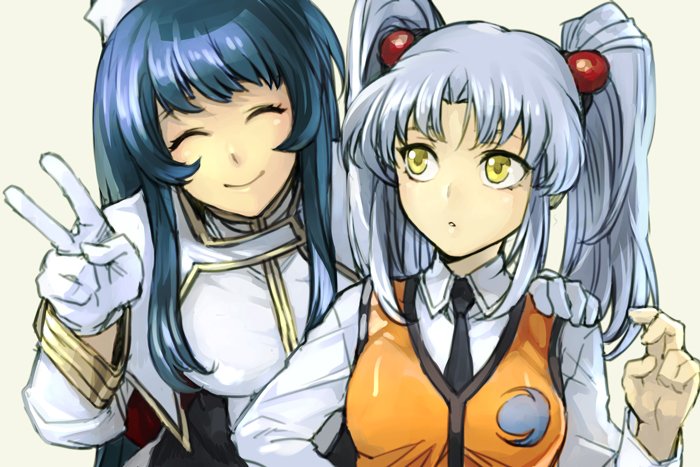 2girls, blue_hair, breasts, closed_eyes, closed_mouth, collared_shirt, commentary_request, facing_viewer, grey_background, hadou_ruri, hair_bobbles, hair_ornament, hand_up, hankuri, kidou_senkan_nadesico, long_sleeves, looking_to_the_side, medium_breasts, misumaru_yurika, multiple_girls, shirt, silver_hair, simple_background, smile, twintails, upper_body, v, vest, wing_collar