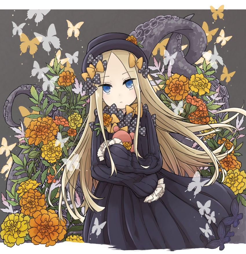 1girl, abigail_williams_(fate/grand_order), absurdres, bangs, black_bow, black_dress, black_hat, blonde_hair