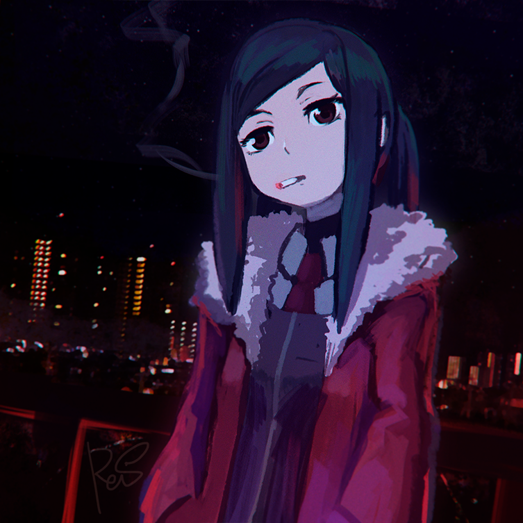 1girl, blue_hair, brown_eyes, cigarette, city_lights, coat, collared_shirt, fur_trim