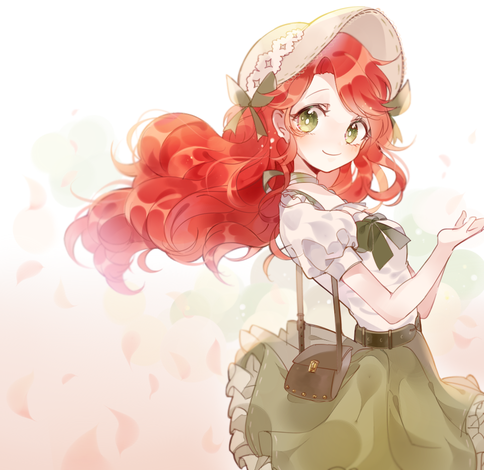 1girl, bag, belt, bonnet, bow, bowtie, cupping_hands, from_side