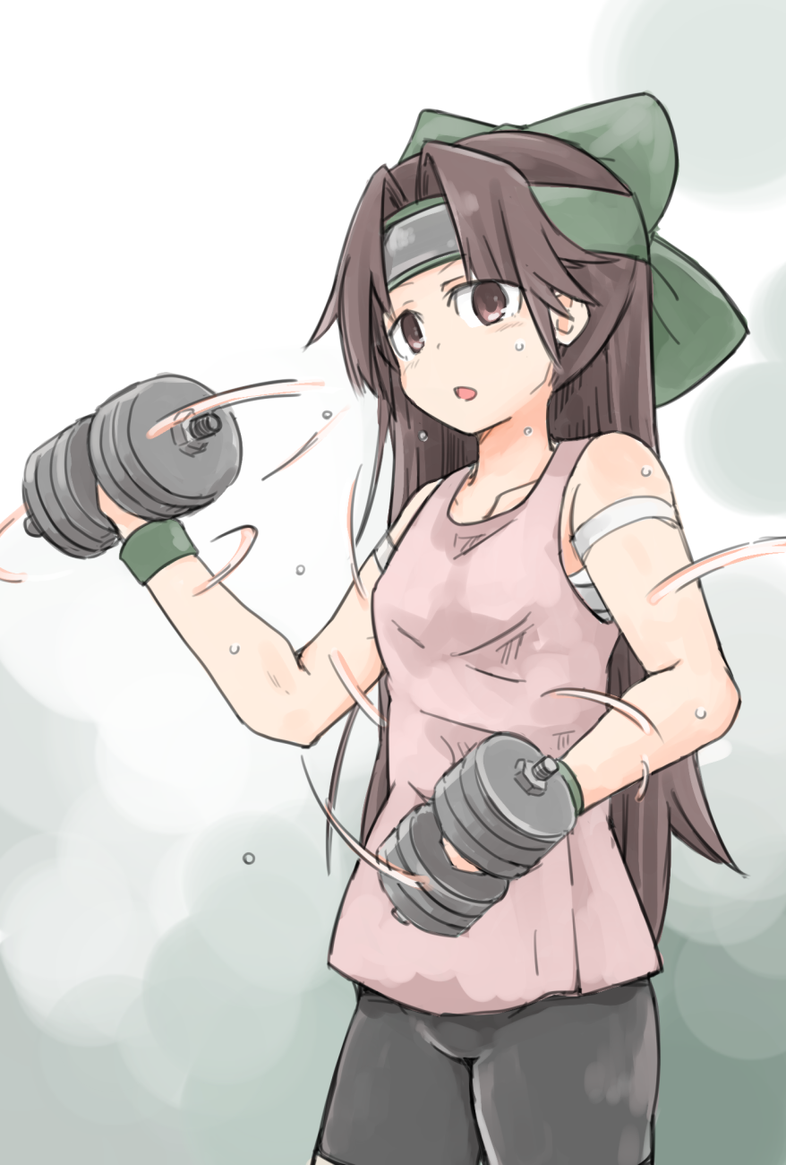 1girl, bike_shorts, black_shorts, bow, breasts, brown_eyes, brown_hair, dumbbell