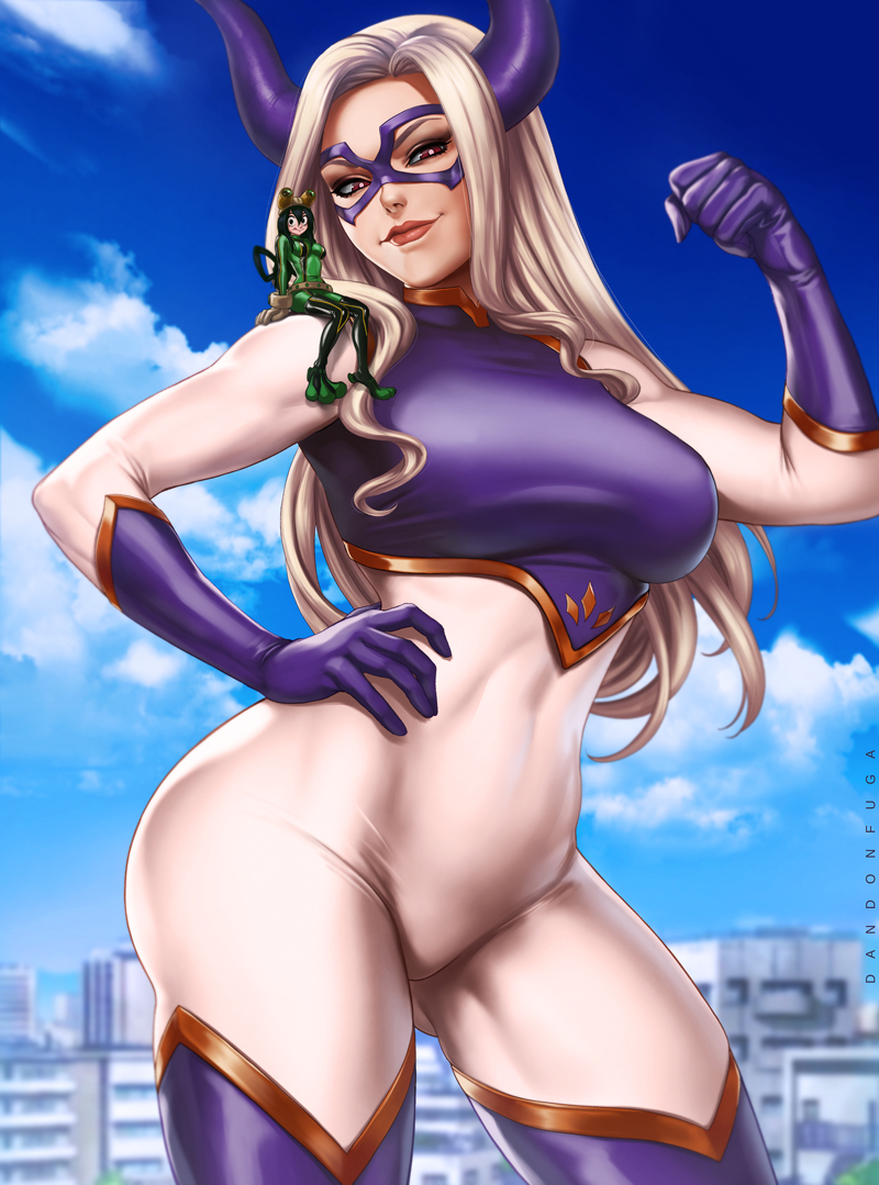 2girls, asui_tsuyu, blonde_hair, blue_sky, blurry, bodysuit, boku_no_hero_academia, brown_eyes