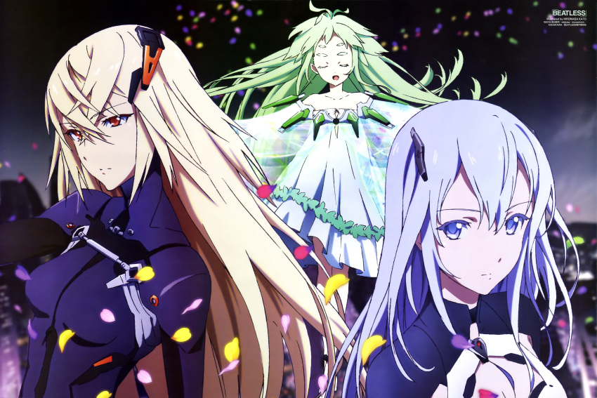 3girls, absurdres, beatless, black_bodysuit, blonde_hair, bodysuit, breasts, city
