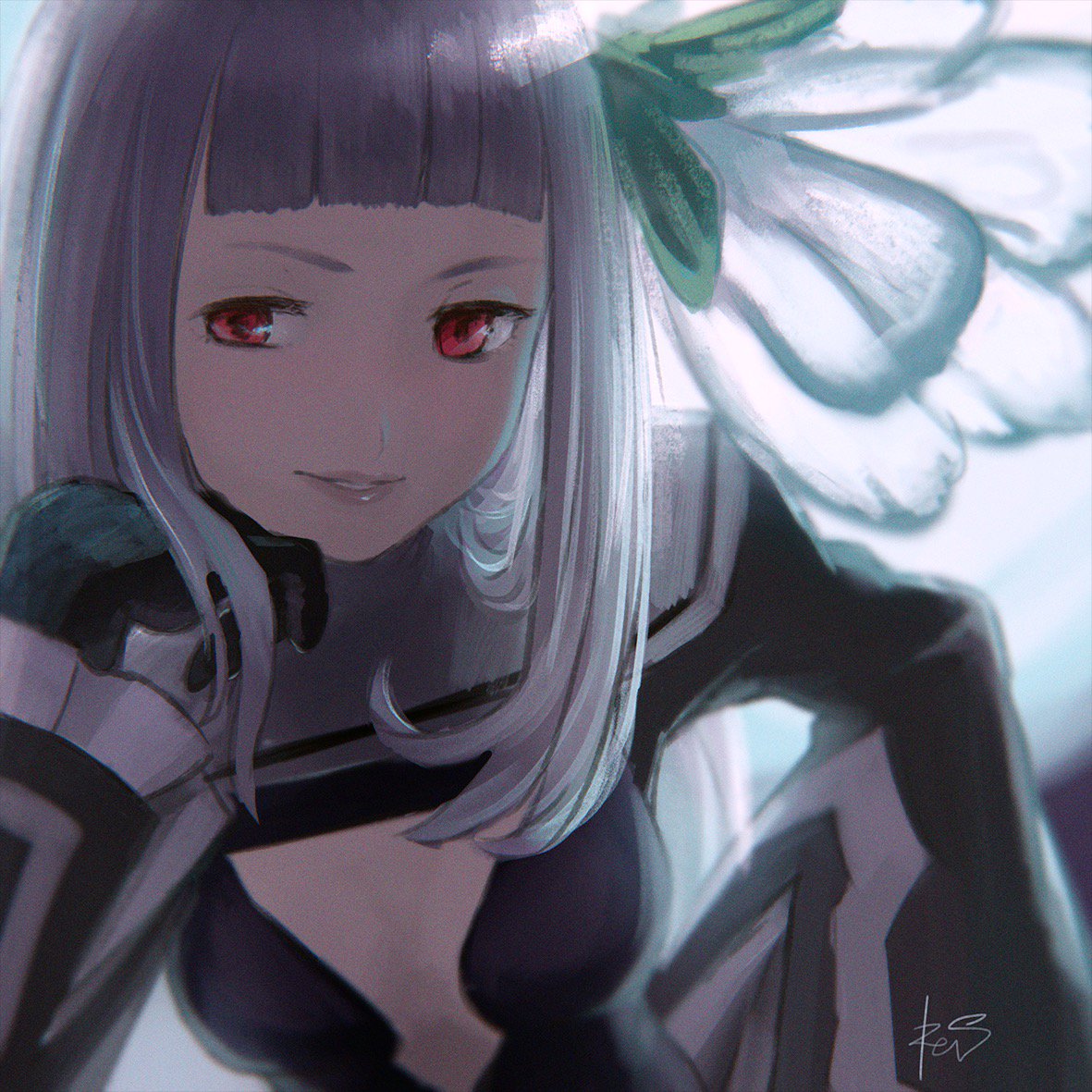 1girl, bangs, black_dress, black_gloves, blunt_bangs, blurry, blurry_background, bravely_default_(series)