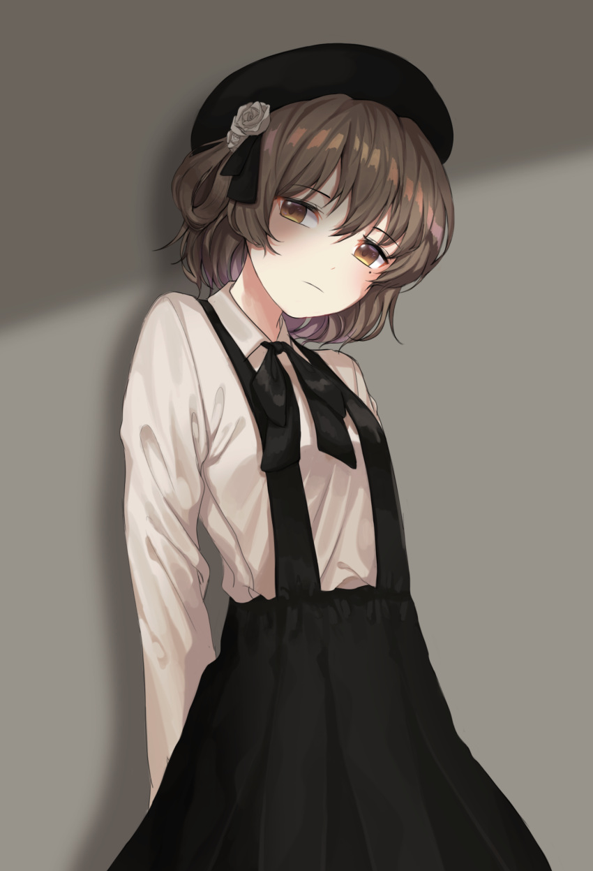 1girl, arms_behind_back, bangs, beret, black_beret, black_hat, black_neckwear, black_skirt