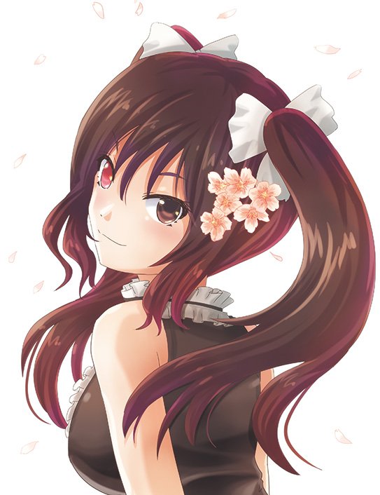 1girl, bangs, bare_shoulders, brown_eyes, brown_hair, closed_mouth, commentary_request, flower