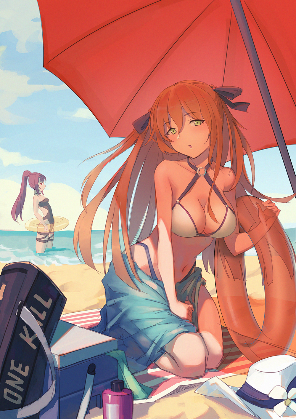 (9)_pai_bingxiang, 2girls, :o, alternate_costume, alternate_hairstyle, bangs, bare_arms, beach