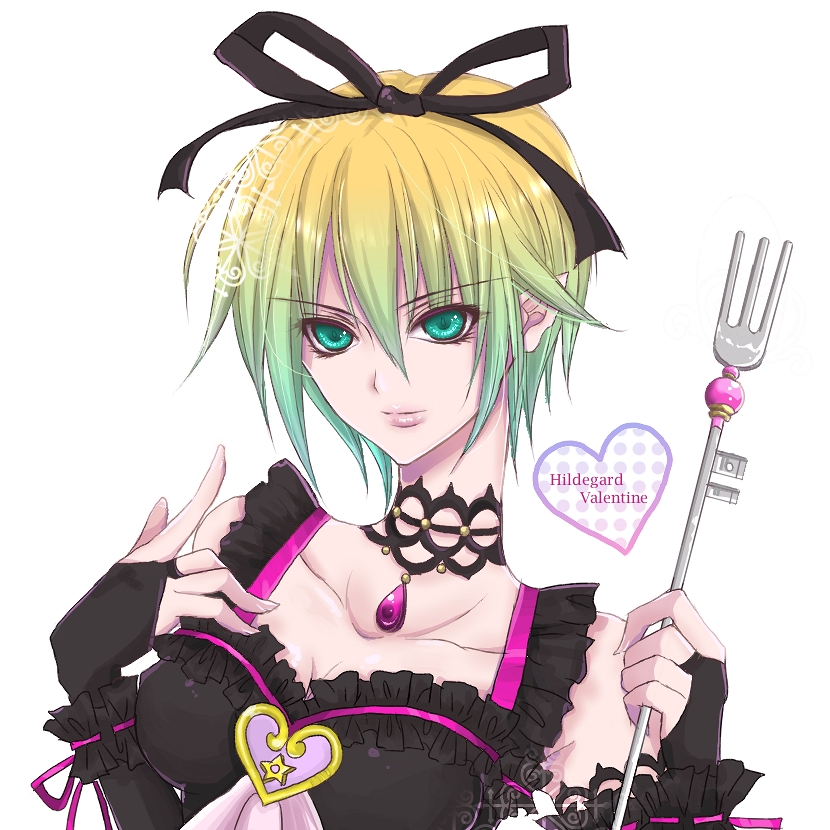 choker, fingerless_gloves, fork, gradient_hair, green_eyes, hildegard_valentine, kudo_raichi, lips, raichi_(quatsch), shadow_hearts, shadow_hearts_from_the_new_world, simple_background