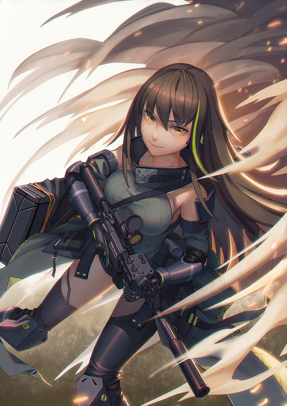 (9)_pai_bingxiang, arm_strap, armor, armpits, assault_rifle, asymmetrical_legwear, bangs, brown_eyes
