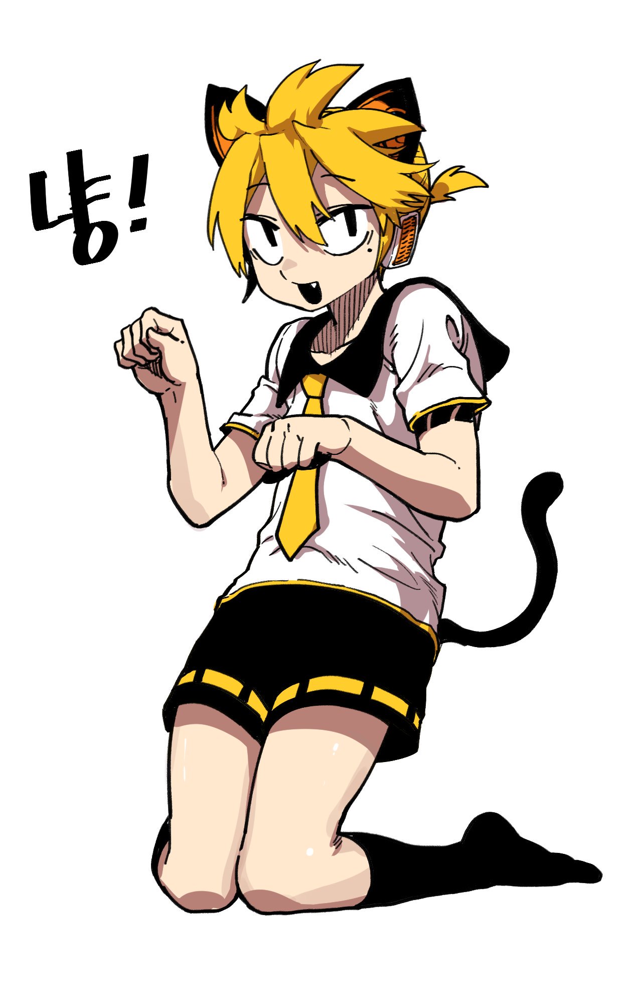 1boy, animal_ears, black_eyes, black_hair, blonde_hair, cat_ears, cat_tail, cosplay