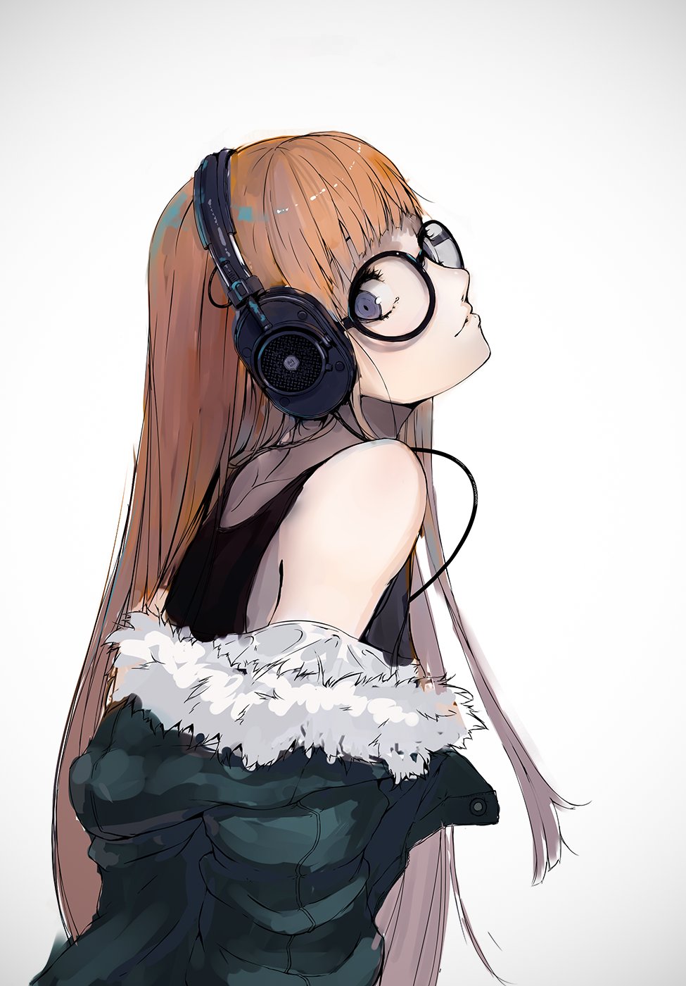 1girl, bare_shoulders, black-framed_eyewear, black_shirt, commentary_request, fur_trim, glasses, green_jacket