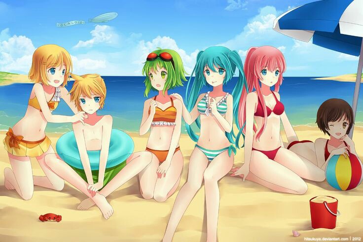 1boy, 2012, 5girls, animal, ass, back, ball, barefoot, beach, beachball, bikini, bikini_skirt, blonde_hair, blue_eyes, brown_eyes, brown_hair, bucket, crab, dirigible, female_swimwear, googles, green_eyes, green_hair, group, gumi, hatsune_miku, highres_request, hitsukuya, innertube, kagamine_len, kagamine_rin, long_hair, male_swimwear, megurine_luka, meiko, ocean, pink_hair, ponytail, sand, sea_creature, shell, short_hair, sitting, summer, swim_trunks, tongue, turquoise_eyes, turquoise_hair, twintails, umbrella, vocaloid, wink