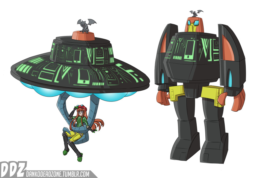 1boy, 1girl, autobot, belt_boots, black-framed_eyewear, boots, cosmos_(transformers), crossover