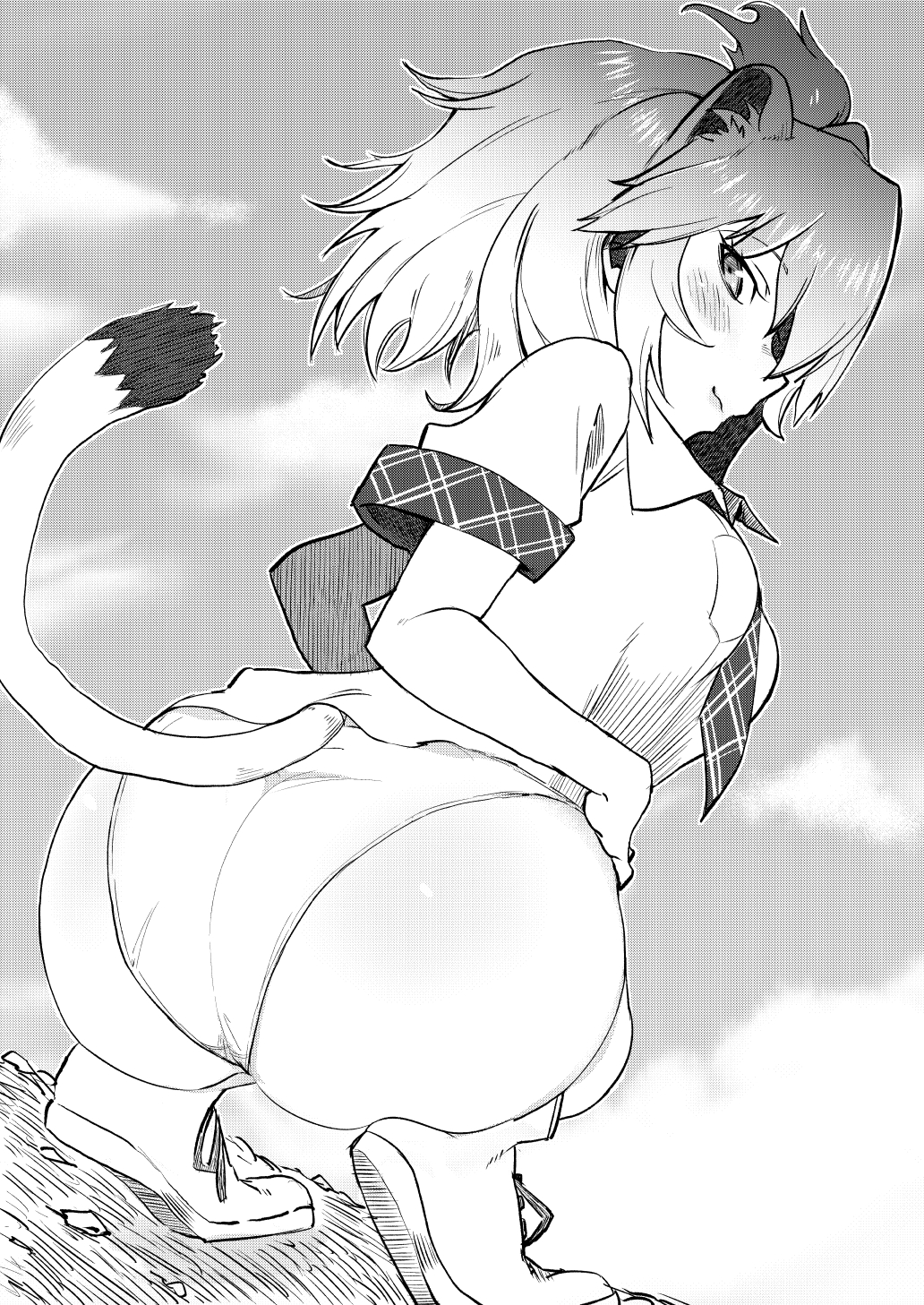 1girl, animal_ears, ass, bangs, blouse, closed_mouth, clouds, cloudy_sky