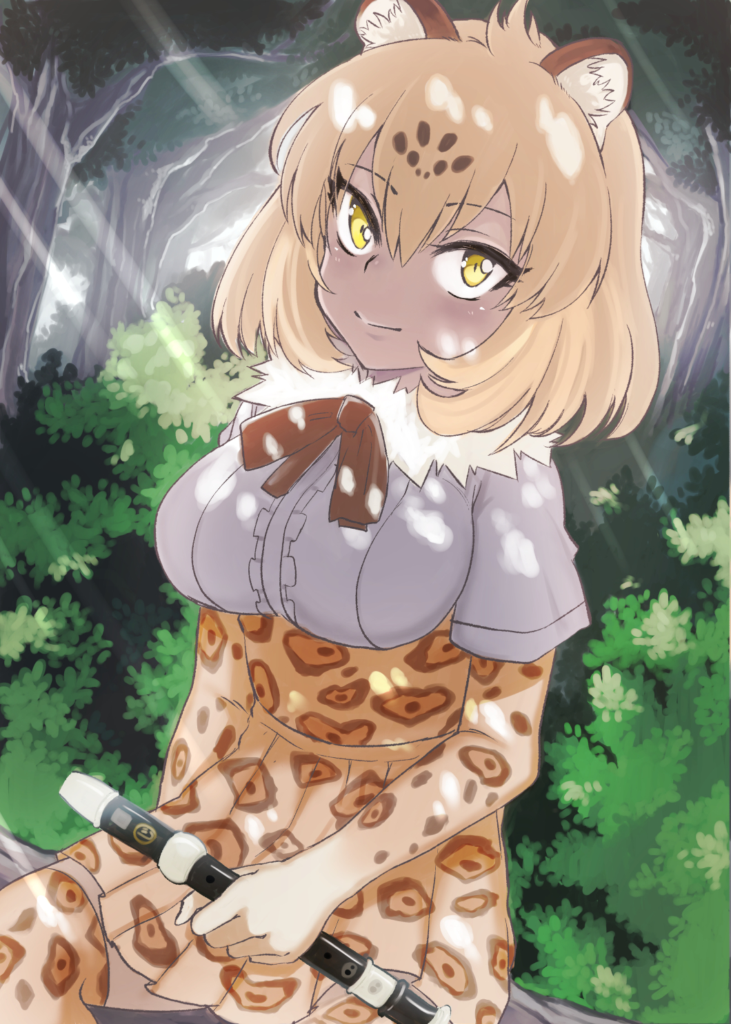1girl, animal_ears, bangs, black_bow, blonde_hair, blush, bow, breasts