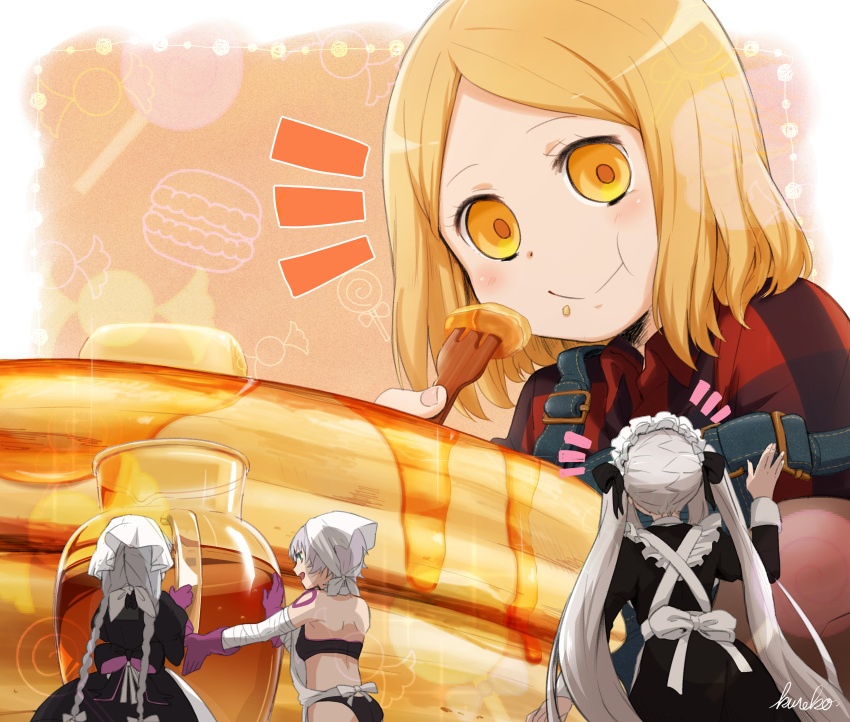 4girls, absurdres, apron, artist_name, blonde_hair, candy, commentary_request, eating