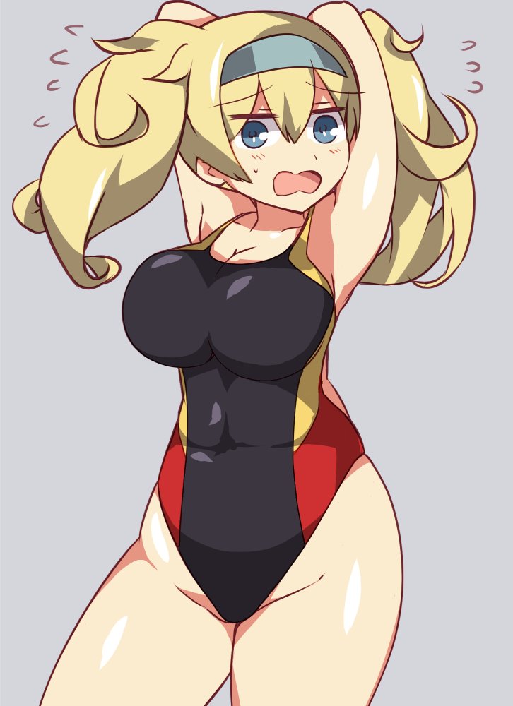 1girl, arms_behind_back, arms_behind_head, blonde_hair, blue_eyes, breasts, competition_swimsuit, flying_sweatdrops