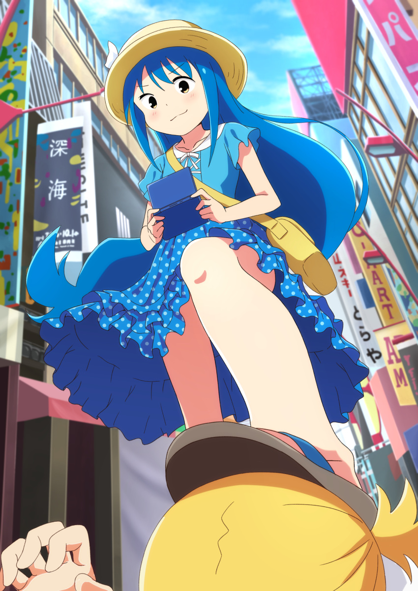 2girls, bag, blonde_hair, blue_hair, blue_shirt, blue_skirt, blue_sky, blush