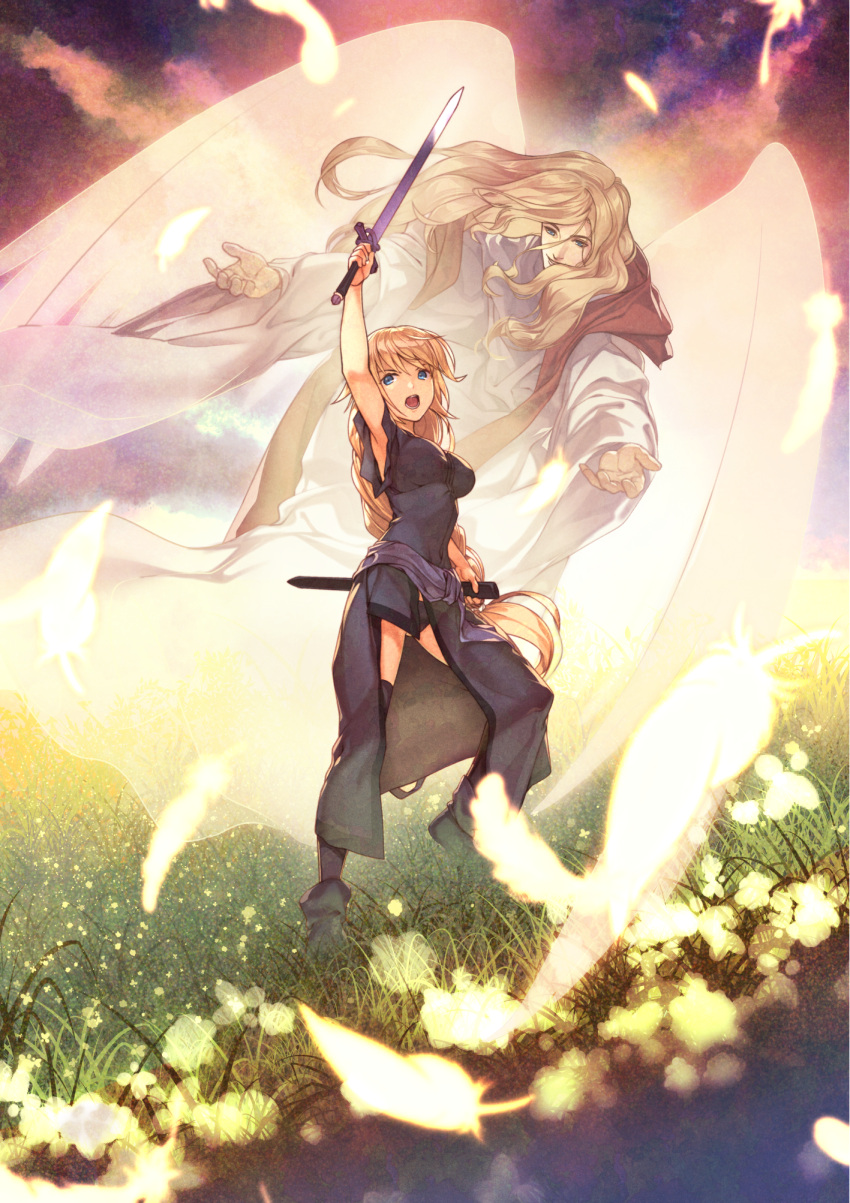 1boy, 1girl, akisa_(12023648), archangel_michael, arm_up, armpits, black_dress, black_footwear, black_panties, blonde_hair, blue_eyes, boots, dress, fate/apocrypha, fate_(series), feathers, floating_hair, flower, hair_between_eyes, highres, holding, holding_sword, holding_weapon, jeanne_d'arc_(fate), jeanne_d'arc_(fate)_(all), long_hair, open_mouth, outdoors, outstretched_arms, panties, ponytail, sword, thigh-highs, thigh_boots, underwear, very_long_hair, weapon, white_wings, wings