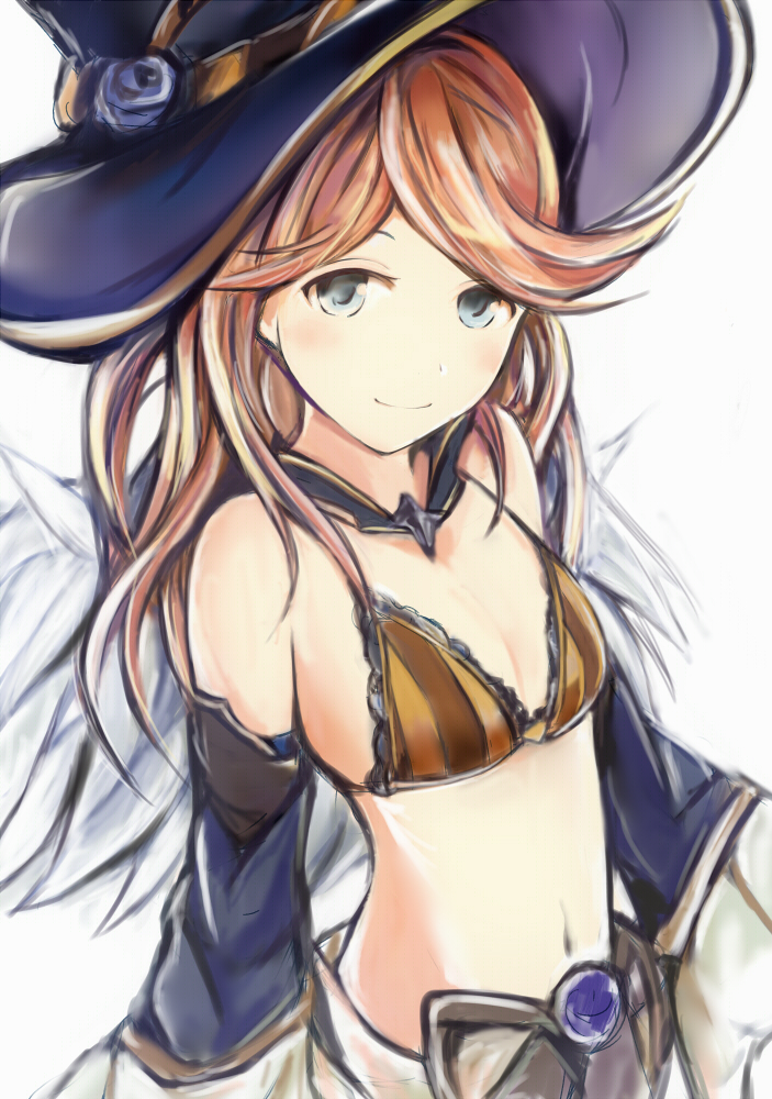 1girl, beatrix_(granblue_fantasy), beatrix_(granblue_fantasy)_(cosplay), blue_hat, bra, breasts, brown_bra, brown_hair
