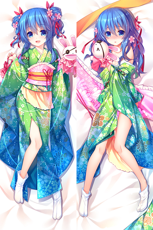 :d, bed_sheet, blue_eyes, blue_hair, blush, daki-makura, dakimakura, date_a_live, embarrassed, eyebrows_visible_through_hair, eyepatch, flower, from_above, green_kimono, hair_between_eyes, hair_flower, hair_ornament, hair_ribbon, japanese_clothes, kimono, long_hair, lying, obi, on_back, open_mouth, parted_lips, pink_flower, red_ribbon, ribbon, sash, smile, socks, white_legwear, yoshino_(date_a_live), yoshinon, yukata