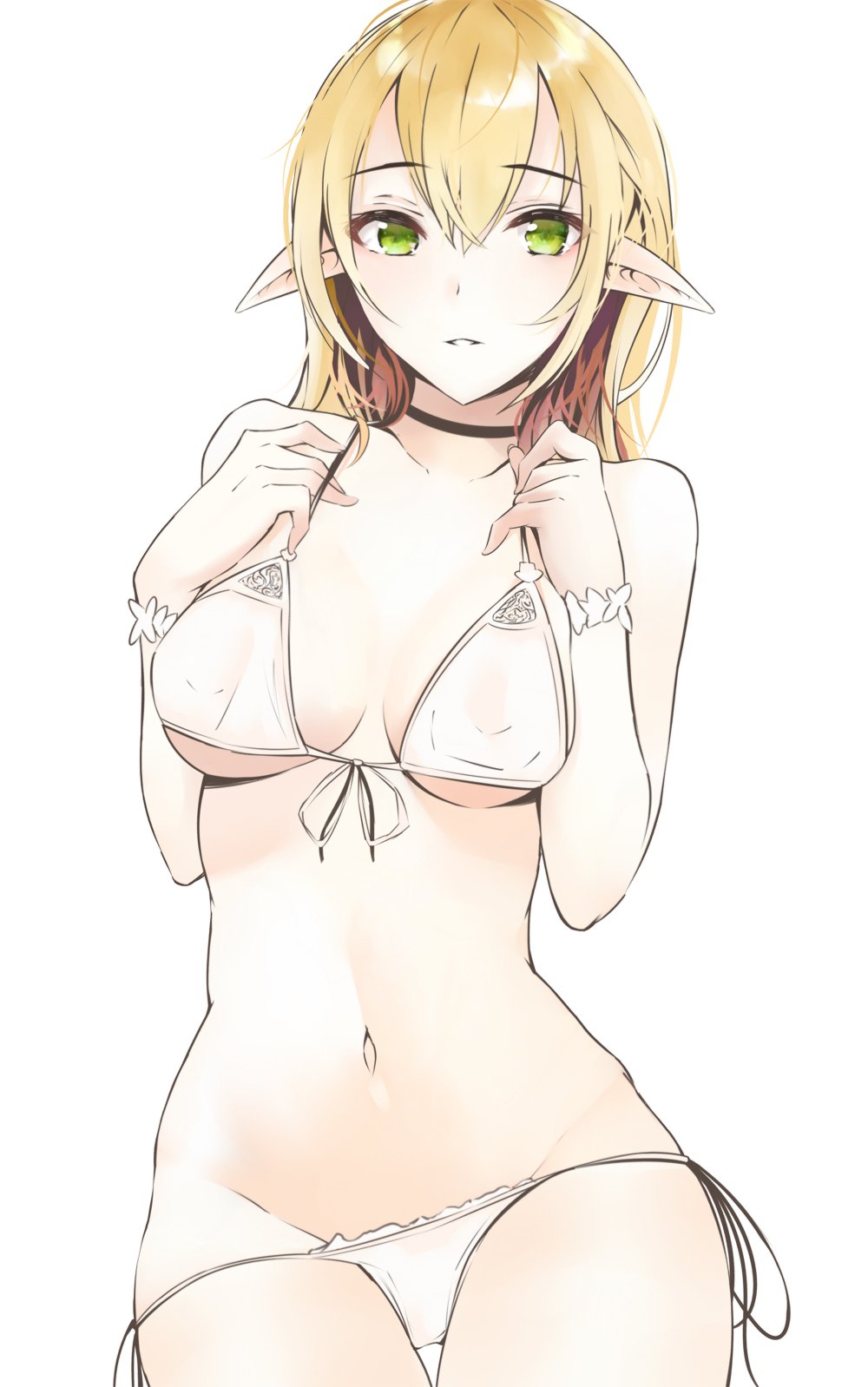 1girl, bikini, blonde_hair, breasts, green_eyes, highres, long_hair, medium_breasts