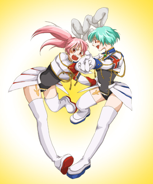 animal_ears, blue_hair, blush, bunny_ears, leotard, m.yasuko, multiple_girls, pink_hair