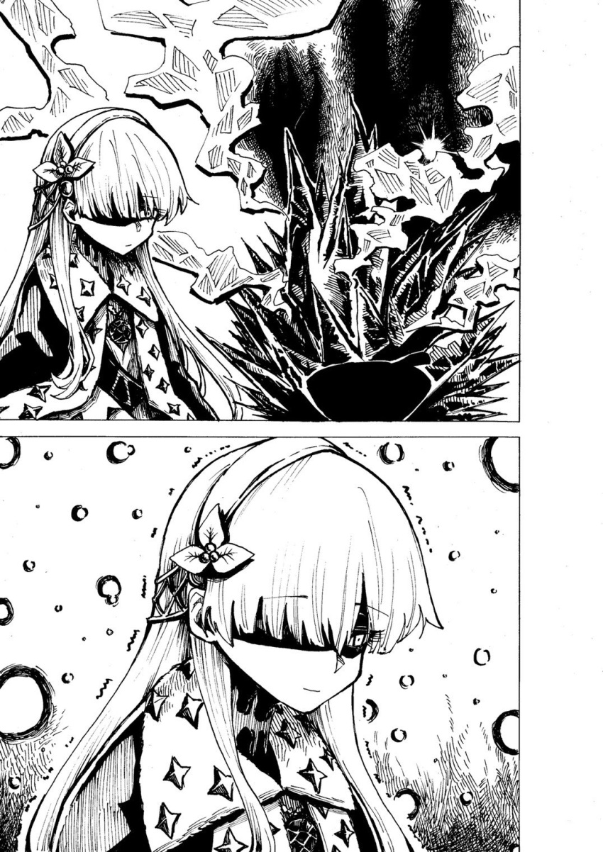 anastasia_(fate/grand_order), bowl, comic, fate/grand_order, fate_(series), food, glowing, glowing_eye, hair_over_one_eye, highres, hyakusei, ice, icicle, monochrome, mundane_utility, noodles, ramen, shaded_face, spirit, trembling, you're_doing_it_wrong