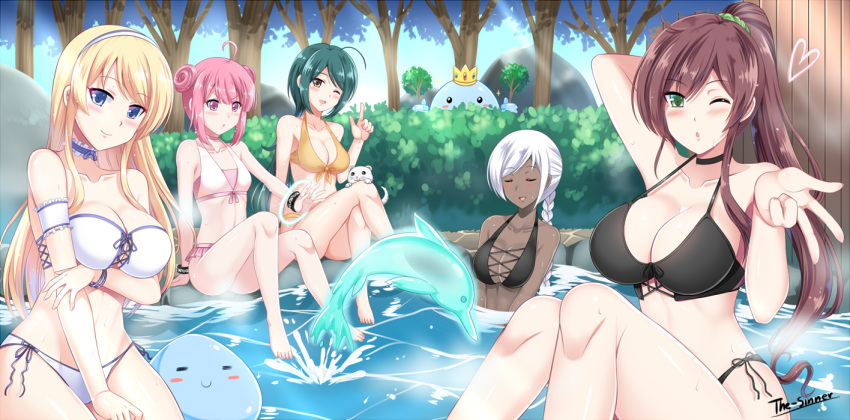 5girls, ;d, ;o, =_=, ahoge, arm_at_side, arm_behind_head, arm_garter