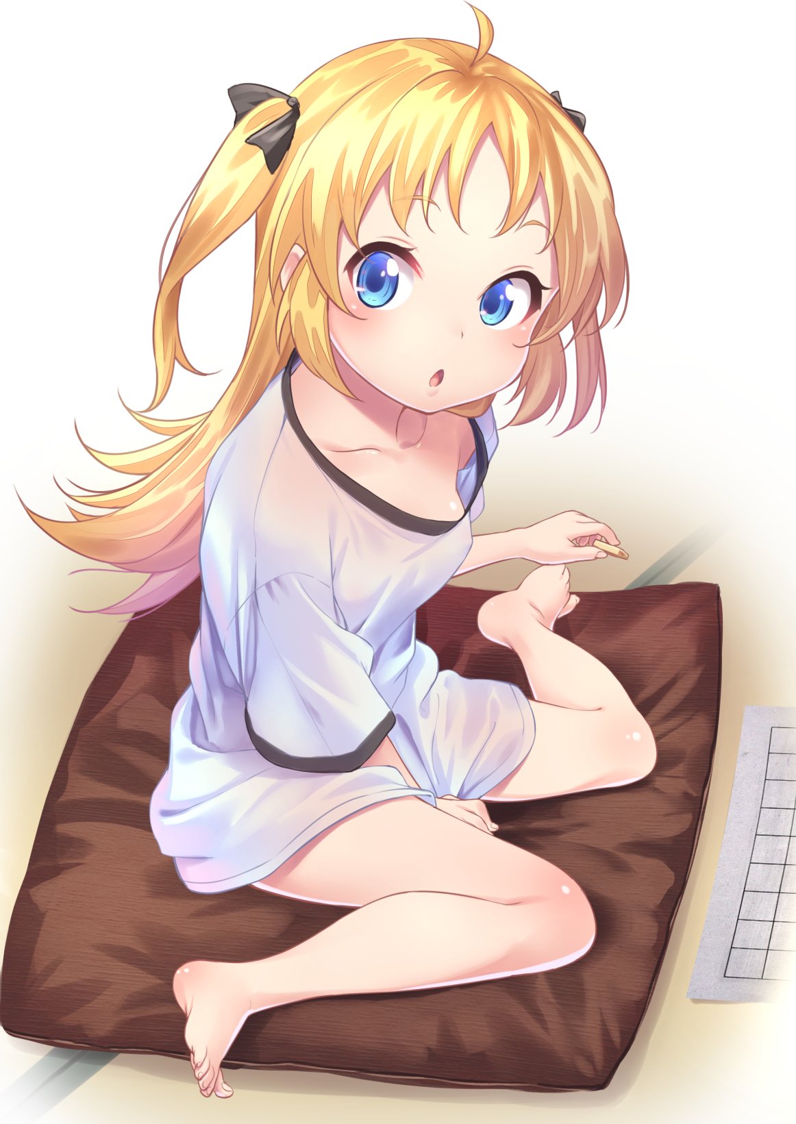 1girl, ahoge, barefoot, between_legs, black_ribbon, blonde_hair, blue_eyes, board_game, breasts, charlotte_izoard, from_above, full_body, hair_ribbon, hand_between_legs, highres, long_hair, looking_at_viewer, open_mouth, ribbon, ryuuou_no_oshigoto!, seiza, shirt, shougi, simple_background, sitting, small_breasts, solo, tenkuu_nozora, white_shirt, zabuton