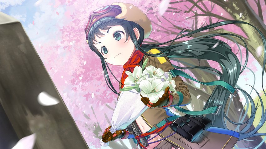 1girl, aviator_cap, brown_gloves, brown_jacket, cherry_blossoms, dutch_angle, flower, formation_girls