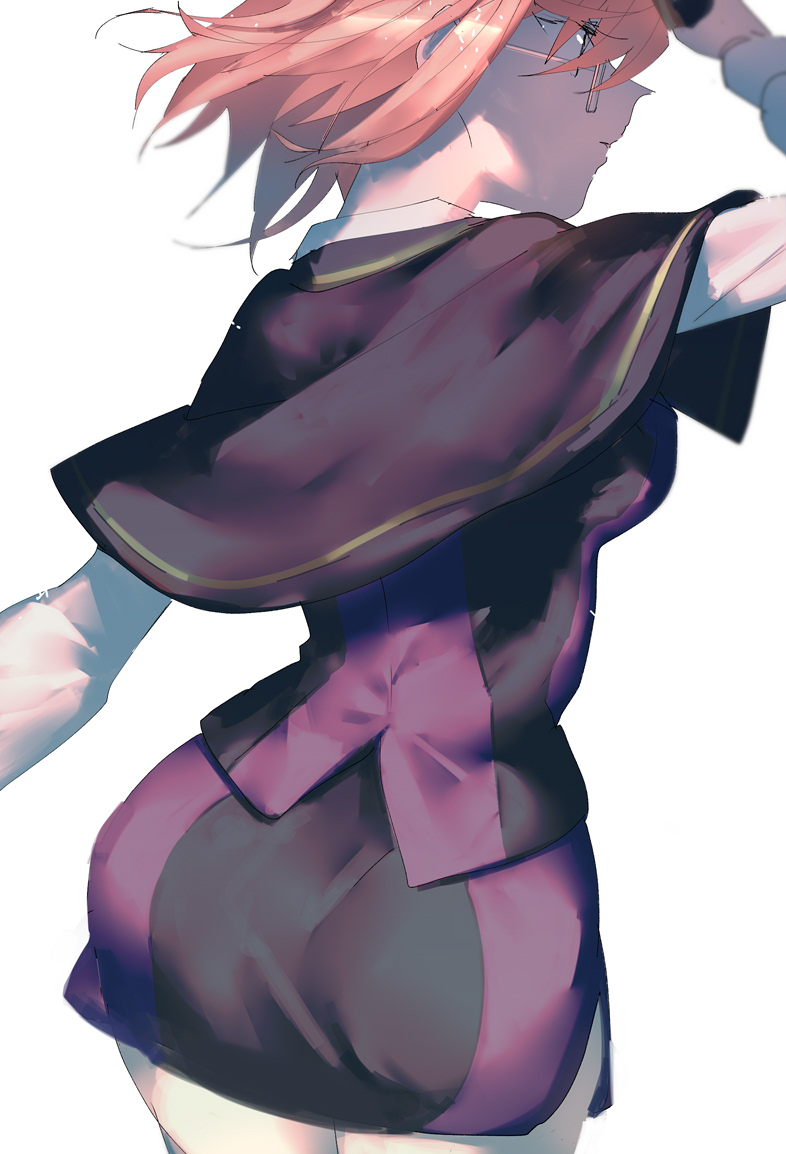 1girl, arm_up, ass, bangs, black_capelet, black_skirt, breasts, capelet