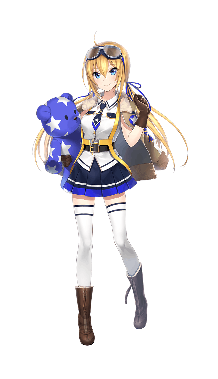 1girl, ahoge, biturba_urbanobna, blonde_hair, blue_eyes, blue_neckwear, blue_ribbon, blue_skirt, boots, brown_footwear, brown_jacket, brown_legwear, formation_girls, full_body, goggles, goggles_on_head, hair_ribbon, highres, jacket, long_hair, low_twintails, matarou_(genkai_toppa), necktie, official_art, pleated_skirt, ribbon, shirt, skirt, smile, solo, stuffed_animal, stuffed_toy, teddy_bear, thigh-highs, transparent_background, twintails, white_shirt