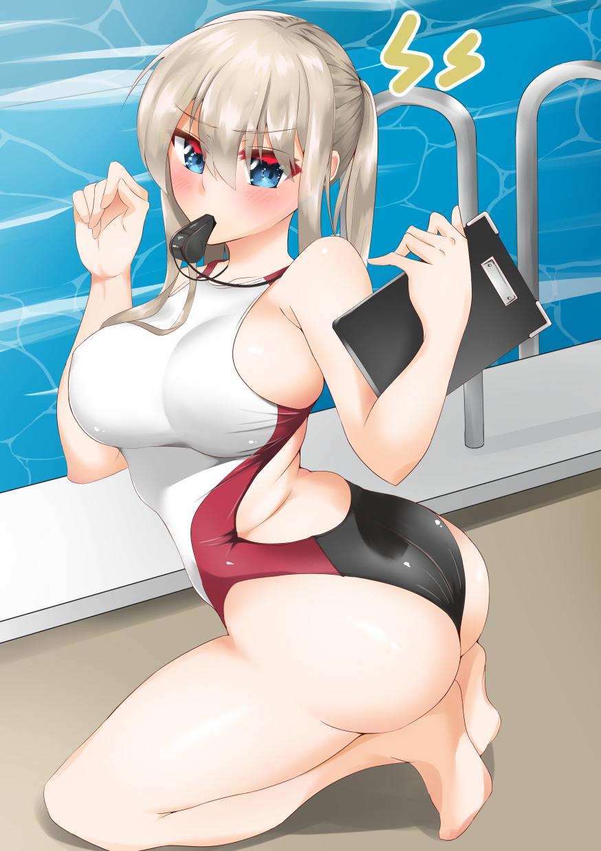 1girl, ass, balut-man, blonde_hair, blue_eyes, breasts, clipboard, commentary_request