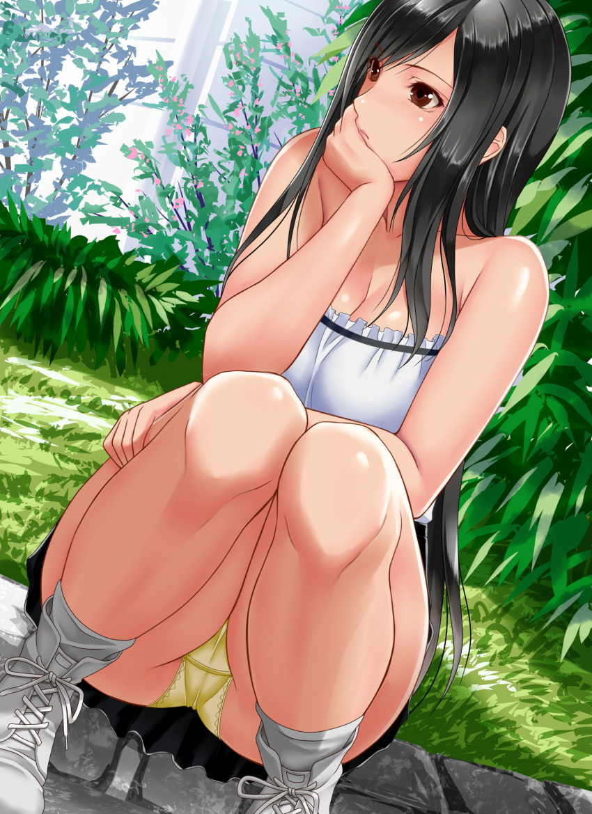 1girl, alternate_costume, bangs, bare_arms, bare_shoulders, black_hair, black_skirt, breasts