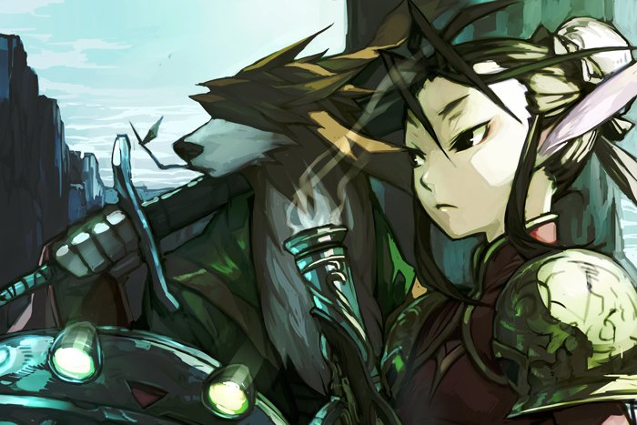 1boy, 1girl, bangs, breath_of_fire, breath_of_fire_iv, brown_hair, bun_cover, china_dress, chinese_clothes, commentary_request, double_bun, dress, ershin, furry, gun, hankuri, holding, holding_gun, holding_sword, holding_weapon, musket, outdoors, over_shoulder, red_dress, scias, sidelocks, smoke, smoking_gun, spaulders, sword, ursula_(breath_of_fire), weapon, weapon_over_shoulder