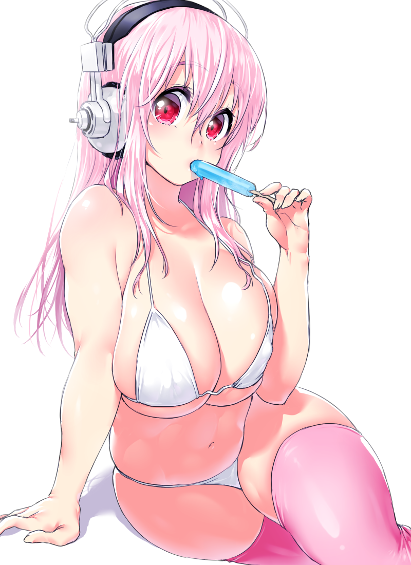 1girl, bikini, breasts, commentary_request, food, headphones, large_breasts, long_hair, looking_at_viewer, nipples, nitroplus, onsoku_maru, pink_hair, pink_legwear, popsicle, red_eyes, simple_background, sitting, solo, super_sonico, swimsuit, thigh-highs, white_background, white_bikini