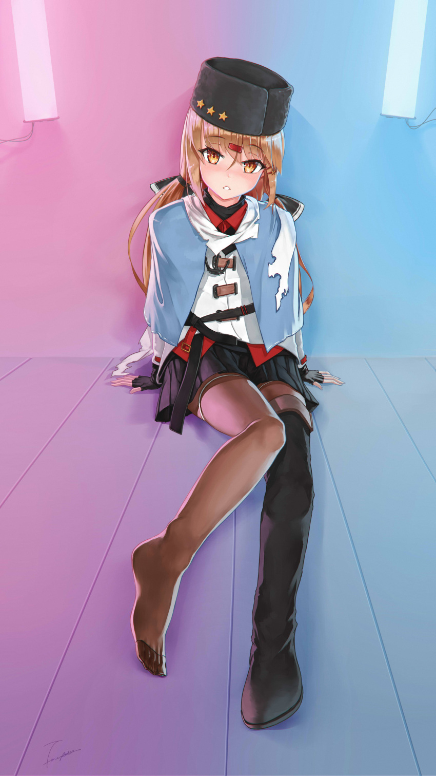 1girl, absurdres, black_bow, black_skirt, blue_background, blue_shawl, blush, boots