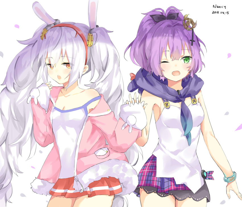 2girls, ;d, absurdres, animal_ears, artist_name, azur_lane, bangs, bare_shoulders