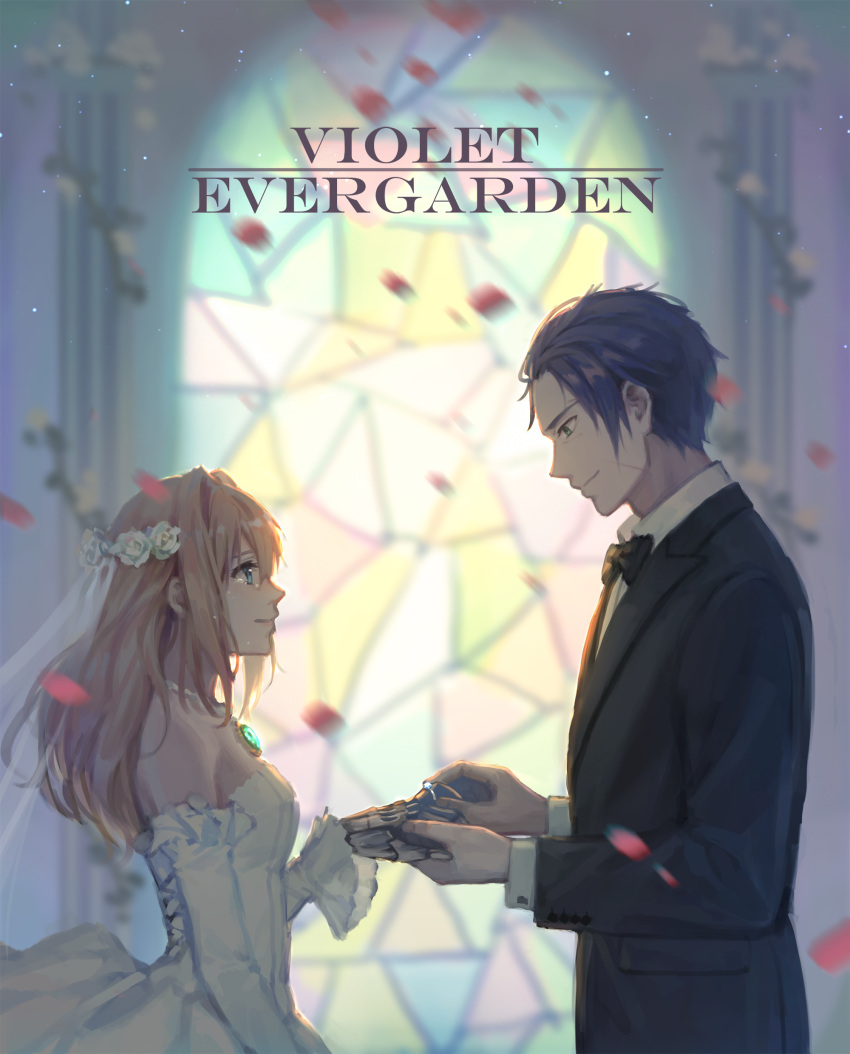 1boy, 1girl, absurdres, bangs, black_hair, blonde_hair, bridal_veil, bride