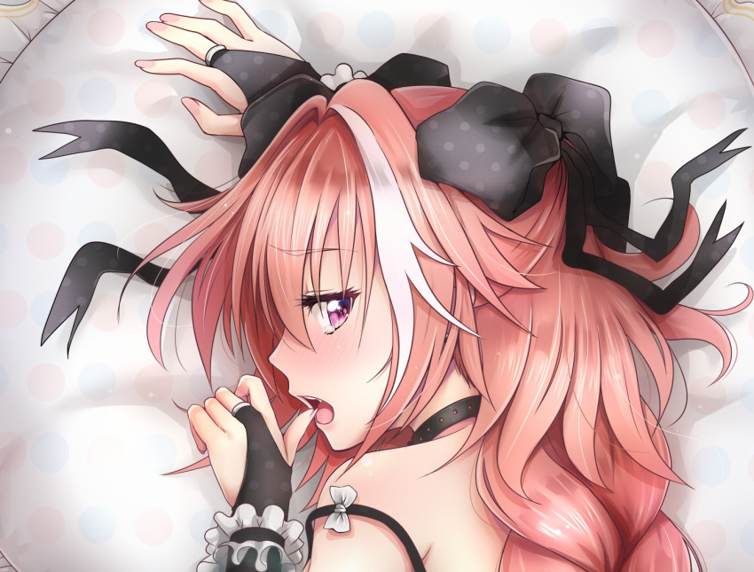 1boy, :o, arm_up, astolfo_(fate), bangs, bare_shoulders, bed_sheet, big_hair