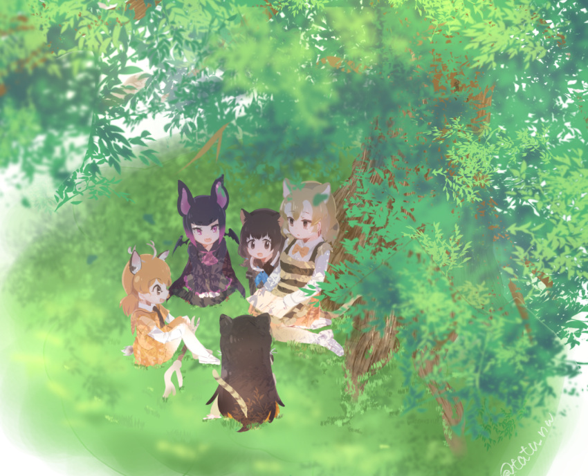 5girls, animal_ears, antlers, apron, bat_ears, bat_wings, black_hair, bow