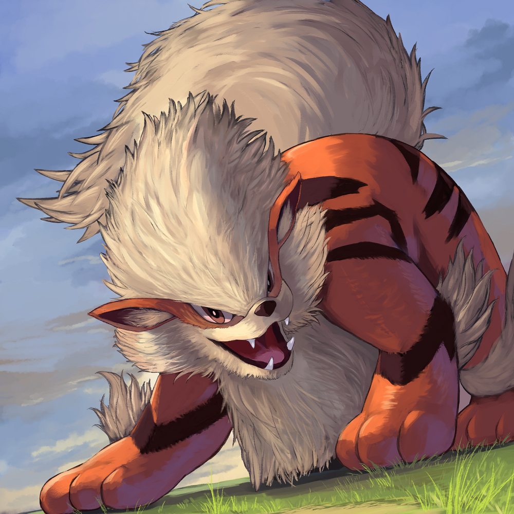 arcanine, fang, gen_1_pokemon, no_humans, open_mouth, plains, pokemon, pokemon_(creature)