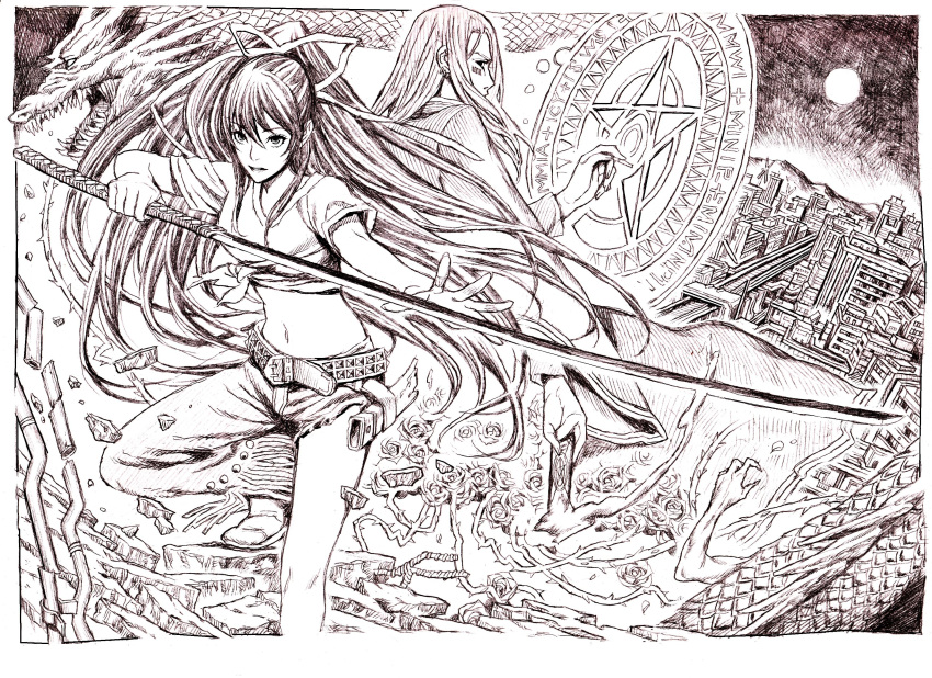 academy_city, asymmetrical_clothes, bad_id, highres, kanzaki_kaori, katana, magic_circle, monochrome, nobita, one_pantsleg, purple, single_pantsleg, stiyl, stiyl_magnus, sword, to_aru_majutsu_no_index, traditional_media, weapon