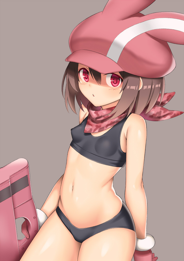1girl, animal_hat, bandana, bangs, bare_arms, bare_shoulders, black_bra, black_panties