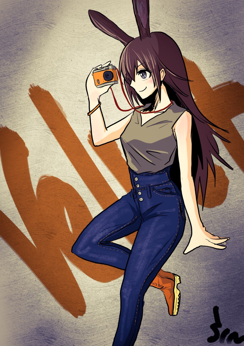 1girl, animal_ears, brown_eyes, brown_hair, camera, commentary_request, denim, highres