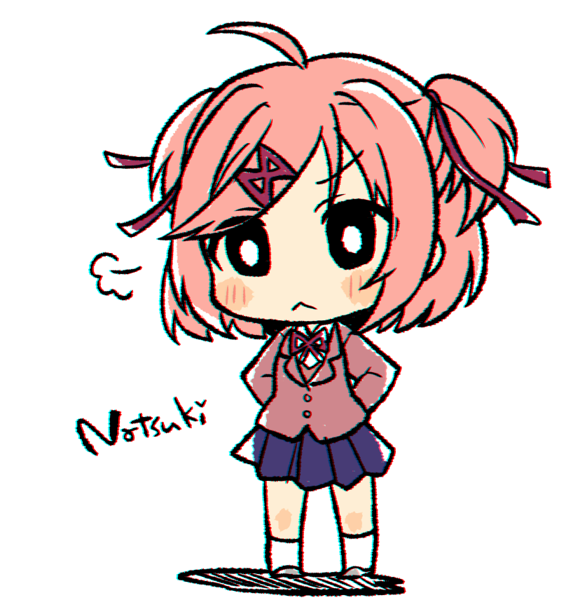 >:<, 1girl, arms_behind_back, blazer, blue_skirt, blush_stickers, character_name, chibi
