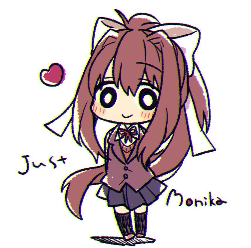 1girl, black_legwear, blazer, blue_skirt, blush_stickers, bow, brown_hair, character_name, chibi, chromatic_aberration, doki_doki_literature_club, full_body, hair_bow, heart, jacket, kneehighs, long_hair, looking_at_viewer, minamiya_mia, monika_(doki_doki_literature_club), school_uniform, simple_background, skirt, smile, solo, very_long_hair, white_background, white_bow