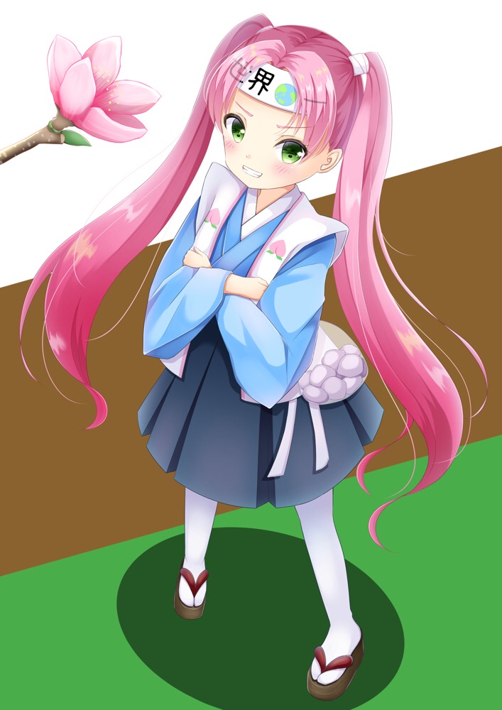 1girl, bangs, black_skirt, blue_kimono, blush, brown_footwear, commentary_request, crossed_arms